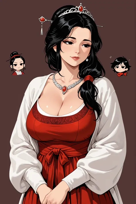 Mature women,beautiful , charming goddess , black hair,The hair carefully tied with a hairpin , White Hanfu,showing cleavage,beautiful black eyes,extremely detailed,Alta resolución,simple background, She wears a beautiful red dress and a tiara is called "C...