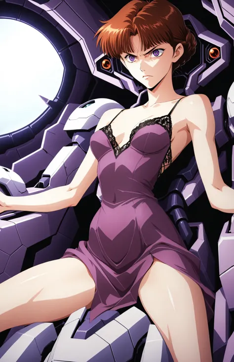 A slender woman with very short red-brown bangs cut at eyebrow level lace braid hair tied back, violet eyes, determined, wearing an elegant purple dress,s, inside the cockpit of a mecha during combat, natural lighting, NSFW, in full view in a highly detail...