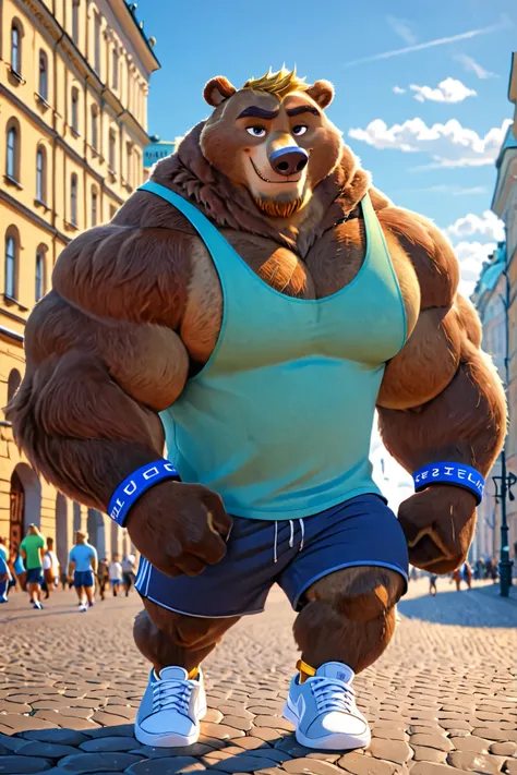 huge muscular Eurasian brown bear in St. Petersburg, Russia beach, big smirk, light Eurasian bear, huge light brown fur, thick arm, huge arm, short Golden hair, added golden moustache and beard, (thick muscular, broad pectoral, wide pectoral, thick neck, t...