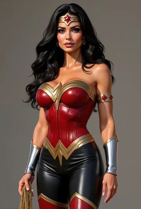 A beautiful woman , Lynda Carter , Wonder Woman , with long black hair ,  red corset and black leather pants , red knee-high boots , Wonder Woman's diadem on her forehead .