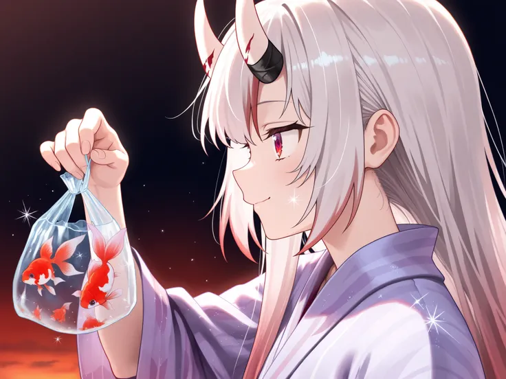 1 girl, solo, nakiri_ayame, (purple yukata:1.3), profile, (looking at goldfish:1.4), holding vinyl bag high up,(strong glitter on goldfish bag:1.3), raising right hand high, bringing goldfish bag near eyes, staring intently at goldfish, laughing, closed ...