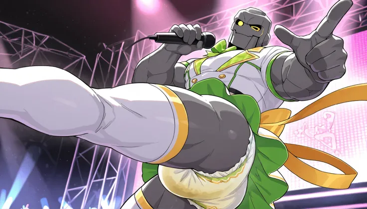 score_9, score_8_up, score_7_up, 1 person、(((adult rock golem male wearing light green idol costume)) , muscle, bara , masterpiece, Best Quality, gray body, yellow eyes, (big bulging crotch), (fantasy), solo, anime style, pee stained light green diaper, wh...