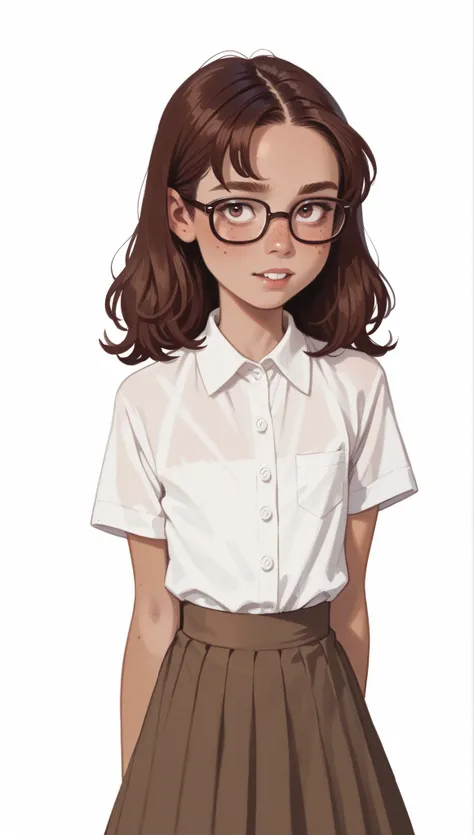 Young girl. Cartoon. Nerdy, buckteeth. . Glasses. Undeveloped beautiful body. short stature. Bob hair. Freckled skin. flat chest, thin arms, extremely skinny, long hair. tanned body. Standing straight. Formal brown skirt and white shirt. Portrait. White b...