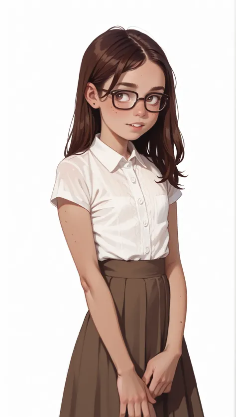 Young girl. Cartoon. Nerdy, buckteeth. . Glasses. Undeveloped beautiful body. short stature. Bob hair. Freckled skin. flat chest, thin arms, extremely skinny, long hair. tanned body. Standing straight. Formal brown skirt and white shirt. Portrait. White b...