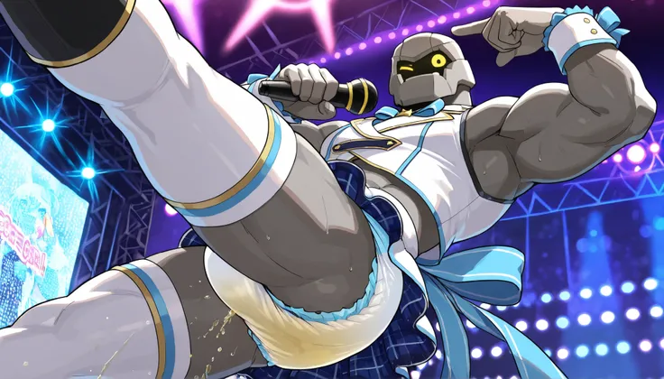 score_9, score_8_up, score_7_up, 1 person、(((adult rock golem male wearing light blue idol costume)) , muscle, bara , masterpiece, Best Quality, gray body, yellow eyes, (big bulging crotch), (fantasy), solo, anime style, pee stained light blue diaper, whit...