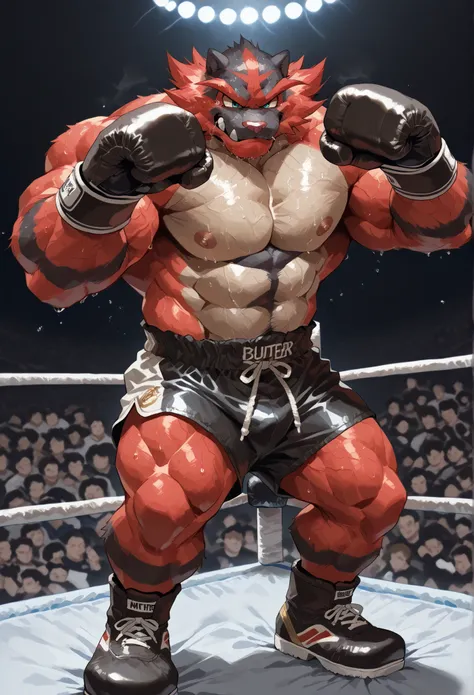 4K, masterpiece quality, pov_boxing, Looking down on the losers with brutal triumph, black boxing shoes, black boxing gloves, black boxing trunks with red side lines, full body, depth of field, boxing, powerful triumph pose, fist pump pose, boxing ring bac...
