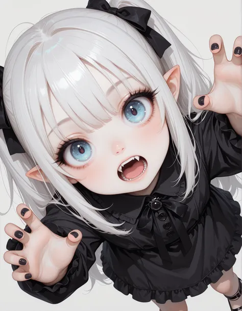safe, masterpiece, best quality, good quality, very aesthetic, absurdres, newest, 1girl, solo, young, white hair, pointy ears, detailed eyes, fangs, pale skin, black dress, perspective, dynamic angle,long eyelashes, thick eyelashes, black nails, large eyes...