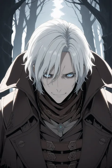 absurdres, (((Ultra HD))), (((Ultra High Quality))), ((hyper detailed)), ((Ultra High Resolution)), (Highly rendered), ((detailed eyes)), (((8K))), ((masterpiece)), solo, 1boy, thin, white hair, short hair, smirk, blue eyes, bloodborne hunter set, forest, ...