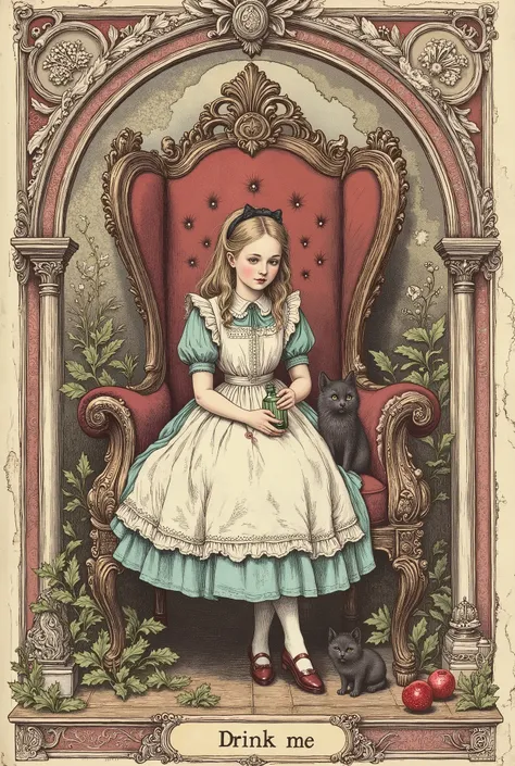 An old, battered vintage character card featuring Alice from Alice's Adventures in Wonderland. The inscription "Drink me", made in classic vintage style, is located in the center at the bottom. A young age girl with fair skin is sitting in an ornate dark ...