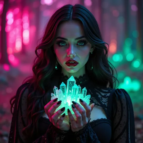 God's Beauty. Extremely attractive princess, very long wavey dark hair, pale faced Queen, she carefully holds a cluster of glowing translucent quartz crystals, they radiate energy as she holds it up for us to see, intense looking gothic woman, she has on h...
