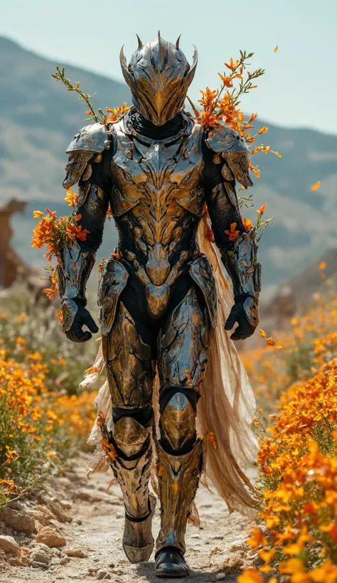 Here’s the refined prompt for your description:
"Hyper-realistic, highly detailed cinematic depiction of a night warrior walking in full futuristic armor, seamlessly fused with intricate lily flower motifs. The helmet and body armor are inspired by floral...