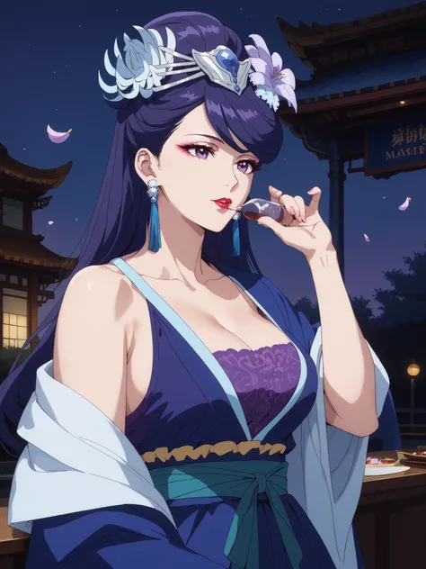 Moonlit Night,Drinking alcohol,((((masterpiece, Highest Quality)))), sleeveless,1 girl on break day, solo,Big Breasts,big butt,Li Hua ,The Apothecary Diaries,Li Hua, long hair, PURPLE EYES, purple hair, flower, earrings, hair flower, makeup, lipstick,Chest...