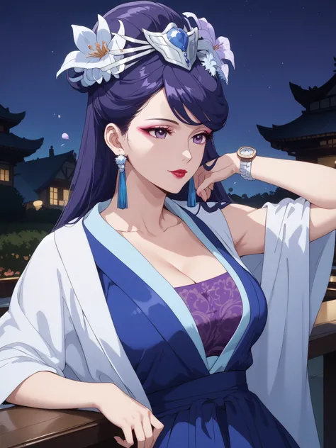 Moonlit Night,Drinking alcohol,((((masterpiece, Highest Quality)))), sleeveless,1 girl on break day, solo,Big Breasts,big butt,Li Hua ,The Apothecary Diaries,Li Hua, long hair, PURPLE EYES, purple hair, flower, earrings, hair flower, makeup, lipstick,Chest...