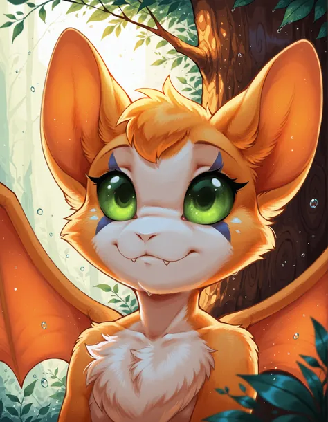 solo furry, fidget \(elysian tail\), nimbat, fidget_daet, anthro, furry female, wings, tail, green eyes, colored sclera, bat wings, facial markings, orange fur, white fur, two-tone fur,membranous wings, fluffy, portrait, big eyes, young, BREAK, masterpiece...