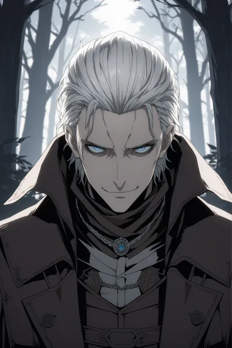 absurdres, (((Ultra HD))), (((Ultra High Quality))), ((hyper detailed)), ((Ultra High Resolution)), (Highly rendered), ((detailed eyes)), (((8K))), ((masterpiece)), solo, 1boy, thin, white hair, short hair, slicked back hair, smirk, blue eyes, bloodborne h...