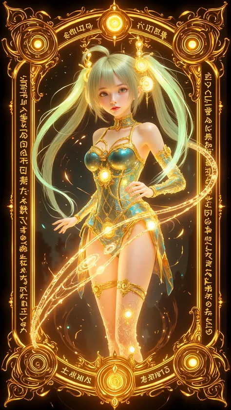 rectangular golden card plate,if it's an ancient relic、decorations like hieroglyphs and runes。embed a magic circle or gemstone。If it's a forbidden book、Designed to imitate a sealed chain。Half luminescence。
A beautiful hologram of Hatsune Miku is projected...