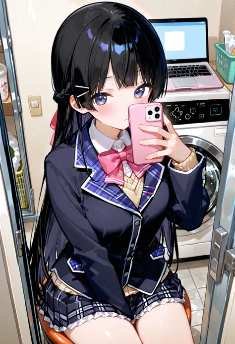 748cmstyle。Tsukino Mito (Nijisanji)。Next to the washing machine。Sit down。Side。look at their phones。laptop on washing machine