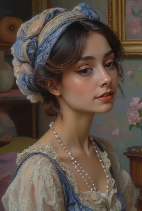 GAME CARDS FRAME, CARDS WITH THIS IMAGE: Tight frame captures her ivory profile, Animal Butler, looking up, headwrap’s cobalt spirals dissolving into a dreamlike wash of William Morris-style florals. Animal Butler, Lorek’s hyperrealism renders each pore lu...