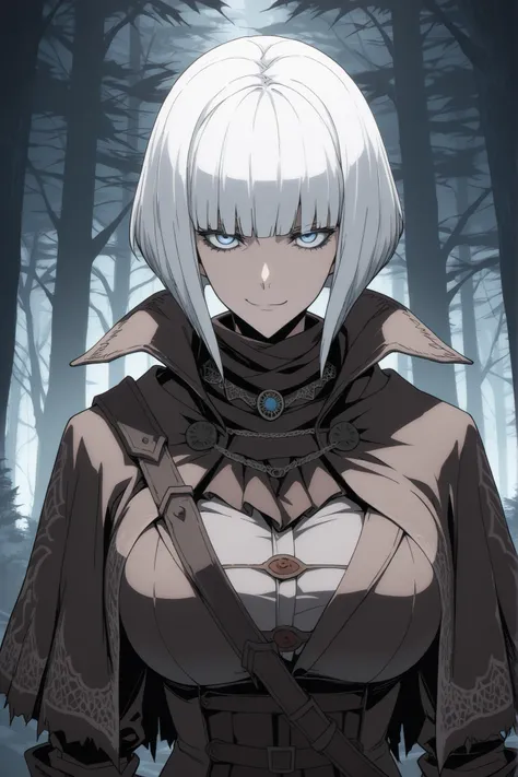 absurdres, (((Ultra HD))), (((Ultra High Quality))), ((hyper detailed)), ((Ultra High Resolution)), (Highly rendered), ((detailed eyes)), (((8K))), ((masterpiece)), solo, 1girl, thin, white hair, egyptian bob cut, blunt bangs, smirk, blue eyes, large breas...