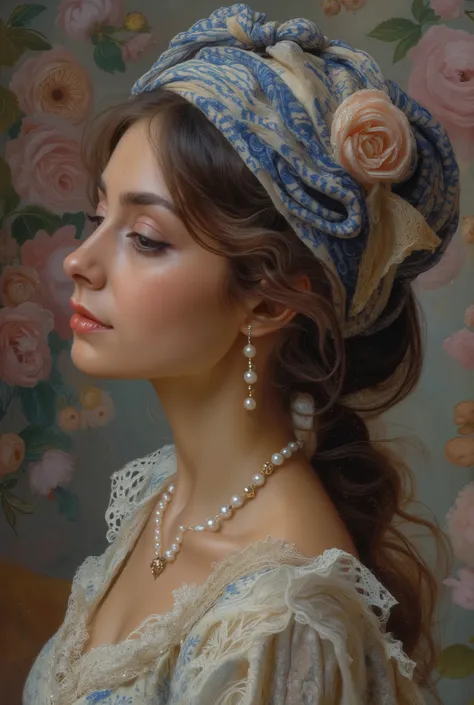 GAME CARDS FRAME, CARDS WITH THIS IMAGE: Tight frame captures her ivory profile, Animal Butler, looking up, headwrap’s cobalt spirals dissolving into a dreamlike wash of William Morris-style florals. Animal Butler, Lorek’s hyperrealism renders each pore lu...