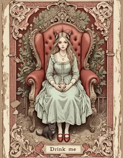 An old, battered vintage character card featuring Alice from Alice's Adventures in Wonderland. The inscription "Drink me", made in classic vintage style, is located in the center at the bottom. A young age girl with fair skin is sitting in an ornate dark ...