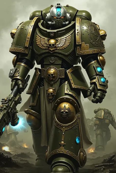 A colossal humanoid mech inspired by BT-7274 from Titanfall 2, fused with the regal and gothic grandeur of a Terra-born Imperial Knight from Warhammer 40k, text labels:"T-4965", "Terra Arbites", "Hall of Judgement". The frame is heavily armored with indust...