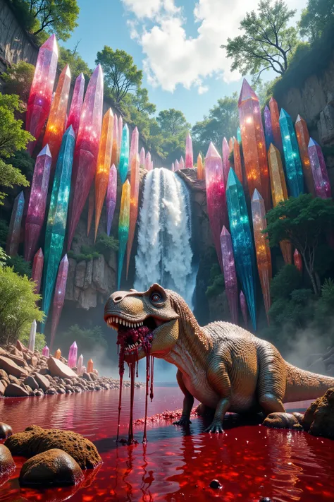. A cliff that is 300 feet tall made up of gigantic quartz crystal points that are multicolored translucent pillars in a tropical rainforest. In the middle of these skyscraper sized quartz crystals is an incredible gushing cascading waterfall that pours in...
