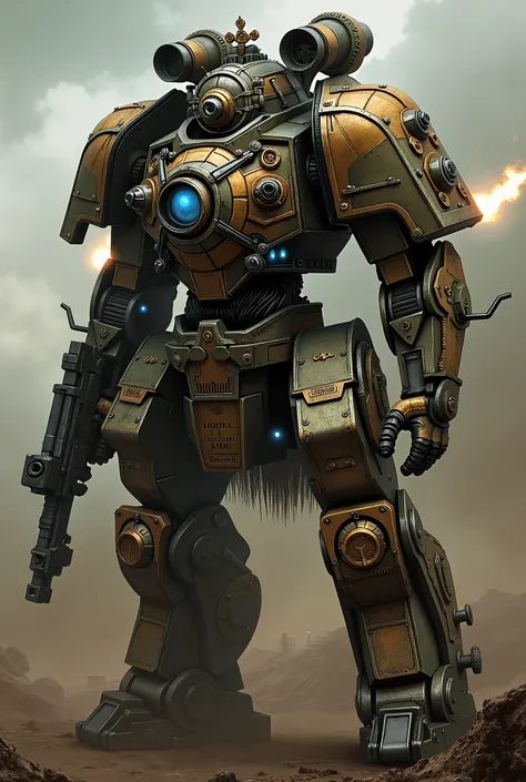 A colossal humanoid mech inspired by BT-7274 from Titanfall 2, fused with the regal and gothic grandeur of a Terra-born Imperial Knight from Warhammer 40k, text labels:"T-4965", "Terra Arbites", "Hall of Judgement". The frame is heavily armored with indust...
