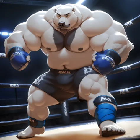bara polar bear, strong physique, perfect anatomy, Disney, 8k, masterpiece, gray moustache and beard, wrinkles huge white fur, solo, great lighting, black MMA shorts with blue slits, MMA fingerless gloves with blue pads, ankle support foot wraps, MMA fight...