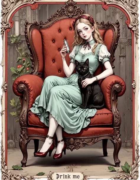 An old, battered vintage character card featuring Alice from Alice's Adventures in Wonderland.  The inscription "Drink me", made in classic vintage style, is located in the center at the bottom. A young age girl with fair skin is sitting in an ornate dark ...