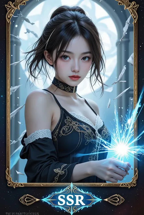 high quality, 4k resolution, game-specific character card design, Knot Print Stance, gorgeous special effects surround, Gold Texture Card Frame, with embossed text to mark the character's name, The background is a shattered starry sky, translucent energy s...