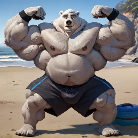 huge bulked up muscular polar bear in Californian beach, big grunting noise, big bulked up flexing body, polar bear, huge white fur, thick arm, huge arm, added gray mustache, added gray beard, short white hair, weight: 440lbs, (veiny bulked up muscular, pe...