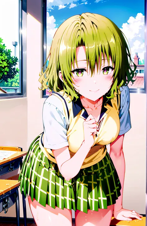 score_9, score_8_up, score_7_up, source_anime,Risa Momioka, short hair,  Gold, wavy hair with a graceful expression, Split Bangs, PURPLE EYES,
green skirt for ears, plaid, plaid skirt for ears, sainan high uniform, uniform, skirt for ears, black, Short sle...