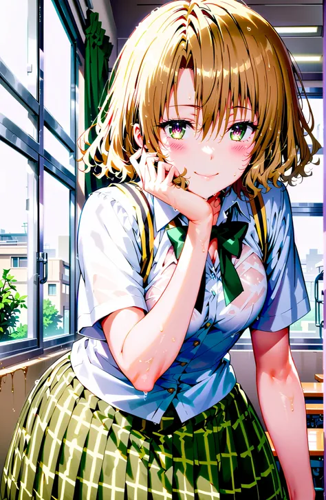 score_9, score_8_up, score_7_up, source_anime,Risa Momioka, short hair,  Gold, wavy hair with a graceful expression, Split Bangs, PURPLE EYES,
green skirt for ears, plaid, plaid skirt for ears, sainan high uniform, uniform, skirt for ears, black, Short sle...