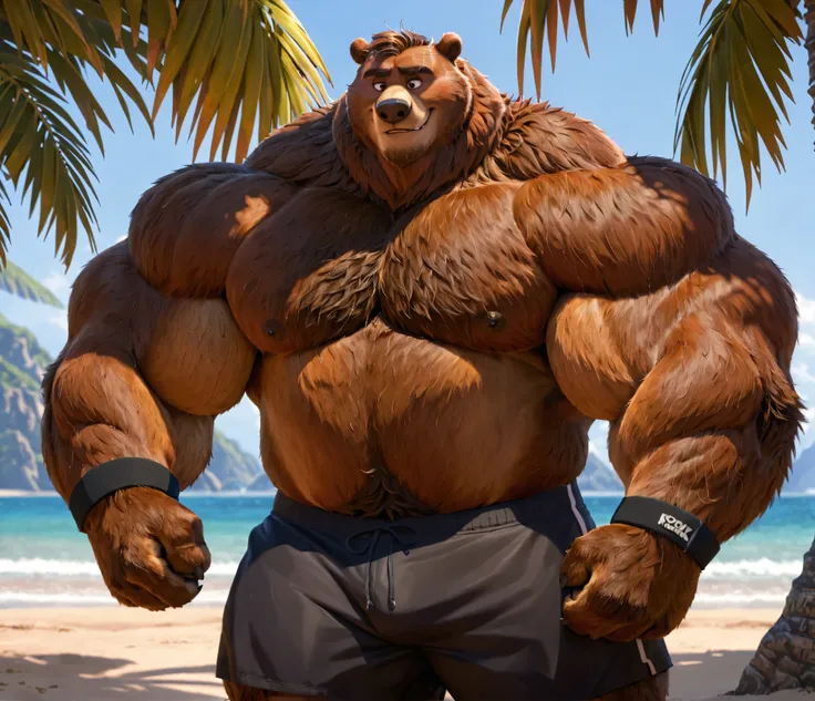 huge muscular Kodiak bear in beach, big hulking flex, grunting smirk, Kodiak bear, huge brown fur, thick arm, huge arm, added bushy brown mustache, with a beard, short brown hair, (veiny muscular, pectoral, wide pectoral, thick neck, thick arms), beach, pa...