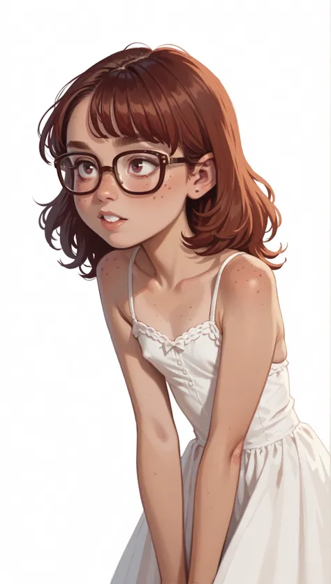 Young girl. Cartoon. Nerdy, buckteeth. . Glasses. Undeveloped beautiful body. short stature. Bob hair. Freckled skin. flat chest, thin arms, extremely skinny, long hair. tanned body. Sbending forward. White background
