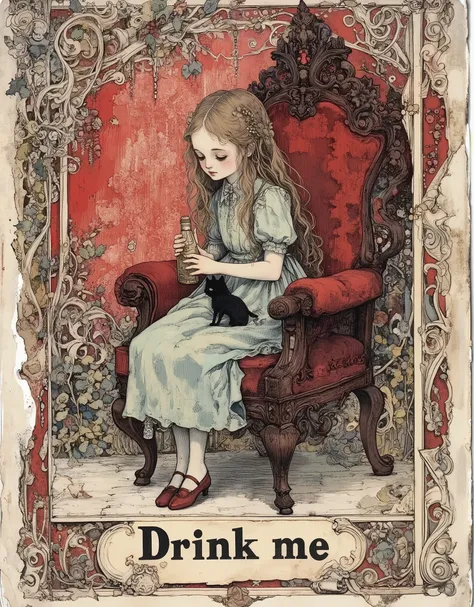 An old, battered vintage character card featuring Alice from Alice's Adventures in Wonderland. The inscription "Drink me", made in classic vintage style, is located in the center at the bottom. A young age girl with fair skin is sitting in an ornate dark ...