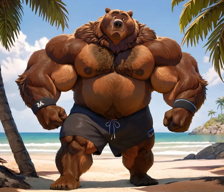 huge fat muscular Kodiak bear in beach, big hulking flex, grunting smirk, Kodiak bear, huge brown fur, thick arm, huge arm, added bushy brown mustache, with a beard, short brown hair, (veiny muscular, pectoral, wide pectoral, thick neck, thick arms), beach...