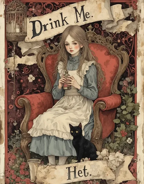 An old, battered vintage character card featuring Alice from Alice's Adventures in Wonderland. The inscription "Drink me", made in classic vintage style, is located in the center at the bottom. A young age girl with fair skin is sitting in an ornate dark ...