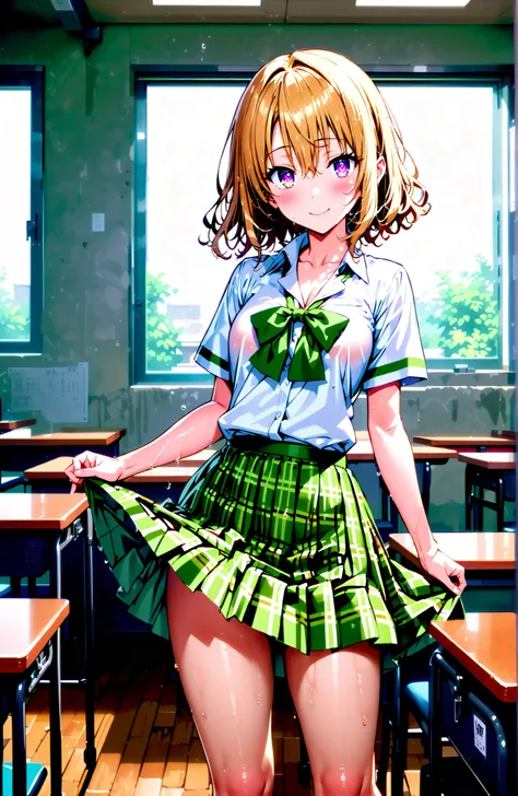 score_9, score_8_up, score_7_up, source_anime,Risa Momioka, short hair,Blonde Hair, wavy hair with a graceful expression, Split Bangs, PURPLE EYES,
green skirt for ears, plaid, plaid skirt for ears, sainan high uniform, uniform, skirt for ears, black, Shor...