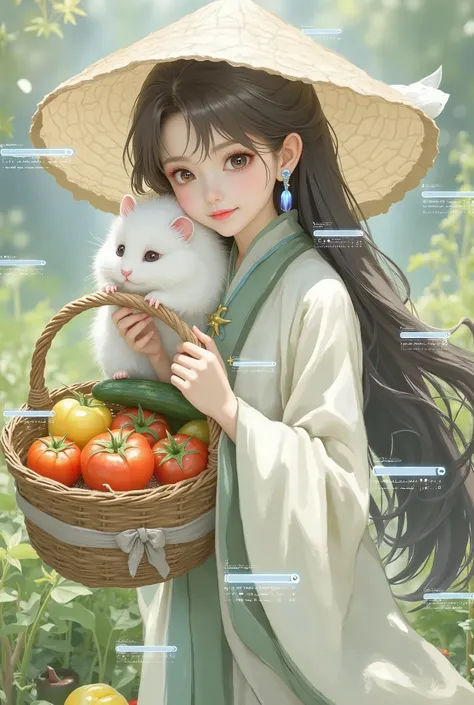 A young- girl with black hair in a light-colored Chinese hanfu and large straw hat stands in a vegetable garden, holding a basket full of tomatoes, bell peppers, and cucumbers. On her shoulder sits a fluffy white hamster with shiny black eyes, round cheeks...