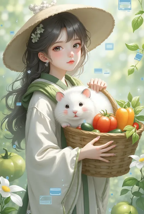 A young- girl with black hair in a light-colored Chinese hanfu and large straw hat stands in a vegetable garden, holding a basket full of tomatoes, bell peppers, and cucumbers. On her shoulder sits a fluffy white hamster with shiny black eyes, round cheeks...