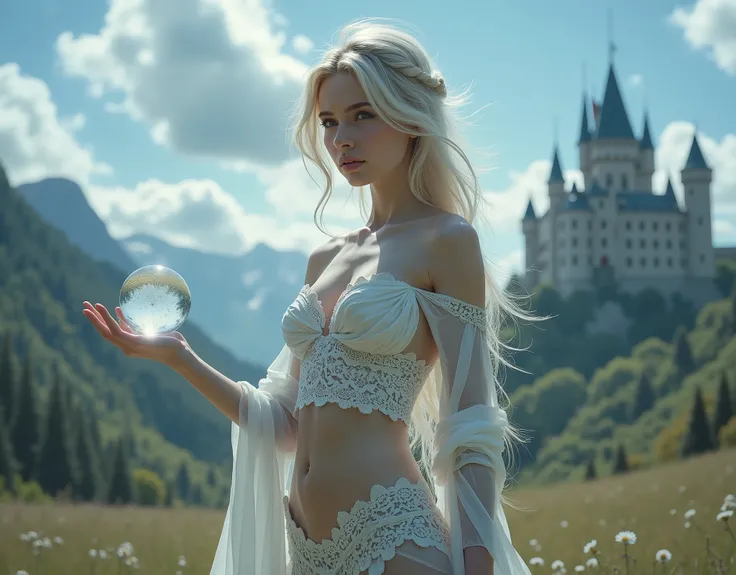 High quality and h. there is slender young European blond woman in white dress holding a crystal ball in front of a castle, elegant cinematic fantasy art, hyperrealistic fantasy art, fantasy art style, realistic fantasy artwork, fantasy woman, 8k fantasy a...