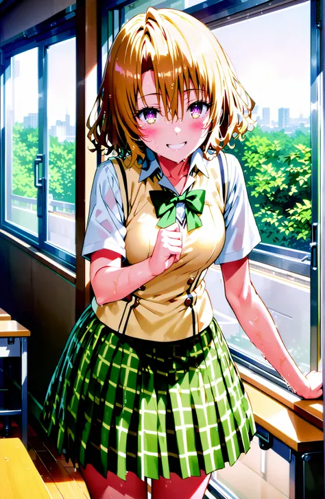 score_9, score_8_up, score_7_up, source_anime,Risa Momioka, short hair,Blonde Hair, wavy hair with a graceful expression, Split Bangs, PURPLE EYES,
green skirt for ears, plaid, plaid skirt for ears, sainan high uniform, uniform, skirt for ears, black, Shor...