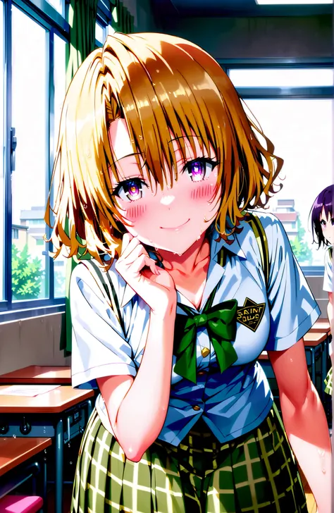 score_9, score_8_up, score_7_up, source_anime,Risa Momioka, short hair,Blonde Hair, wavy hair with a graceful expression, Split Bangs, PURPLE EYES,
green skirt for ears, plaid, plaid skirt for ears, sainan high uniform, uniform, skirt for ears, black, Shor...