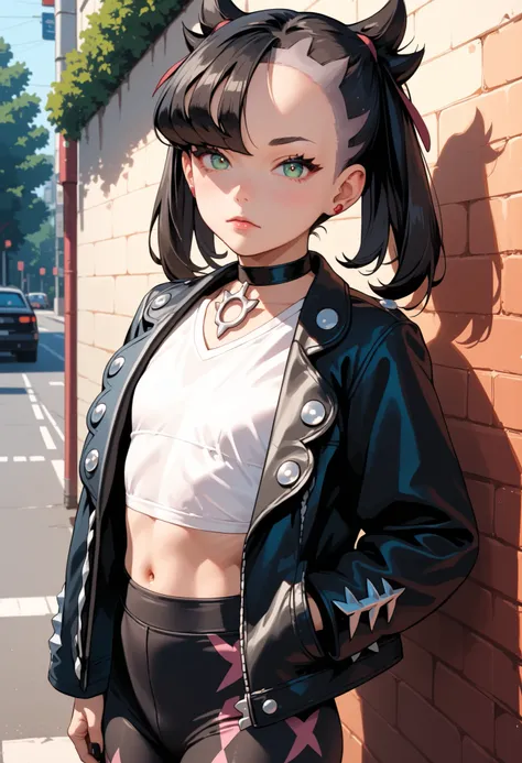 Score_9, score_8_up, score_7_up, score_6_up, source_anime, rating:general, 1girl, Marnie, black hair, twintails, dark green eyes, perfect face, pale white skin, flat chest, black jacket, cropped t-shirt, tight leggings , slender build, slender legs, cute b...
