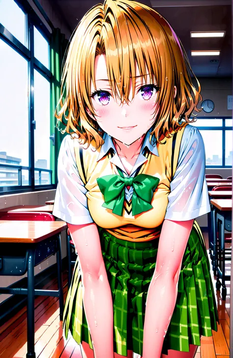 score_9, score_8_up, score_7_up, source_anime,Risa Momioka, short hair,Blonde Hair, wavy hair with a graceful expression, Split Bangs, PURPLE EYES,
green skirt for ears, plaid, plaid skirt for ears, sainan high uniform, uniform, skirt for ears, black, Shor...