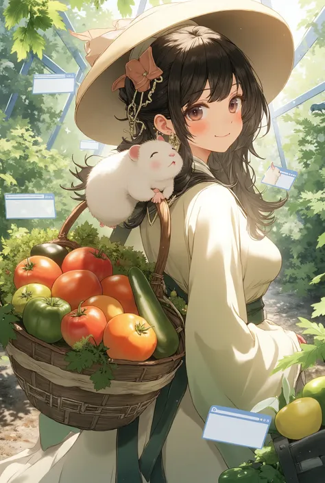 A woman with black hair in a light-colored Chinese hanfu and large straw hat stands in a vegetable garden, holding a basket full of tomatoes, bell peppers, and cucumbers. On her shoulder sits a fluffy white hamster with shiny black eyes, round cheeks, and ...