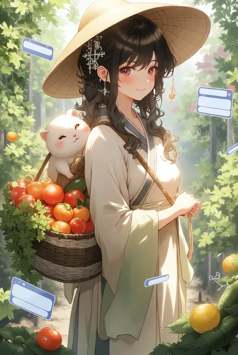 A woman with black hair in a light-colored Chinese hanfu and large straw hat stands in a vegetable garden, holding a basket full of tomatoes, bell peppers, and cucumbers. On her shoulder sits a fluffy white hamster with shiny black eyes, round cheeks, and ...
