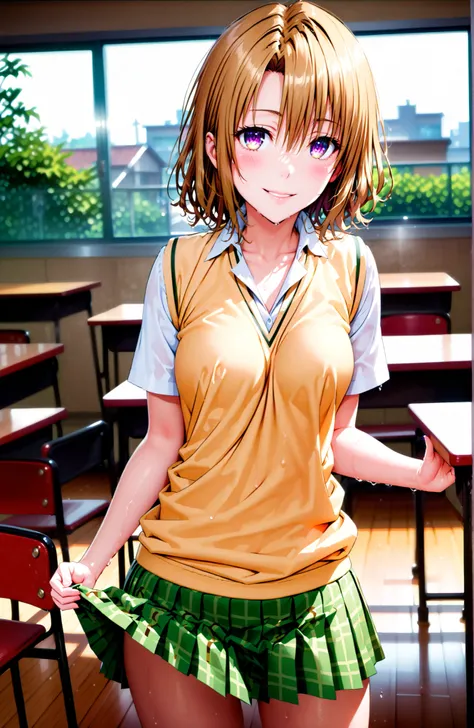 score_9, score_8_up, score_7_up, source_anime,Risa Momioka, short hair,Blonde Hair, wavy hair with a graceful expression, Split Bangs, PURPLE EYES,
green skirt for ears, plaid, plaid skirt for ears, sainan high uniform, uniform, skirt for ears, black, Shor...